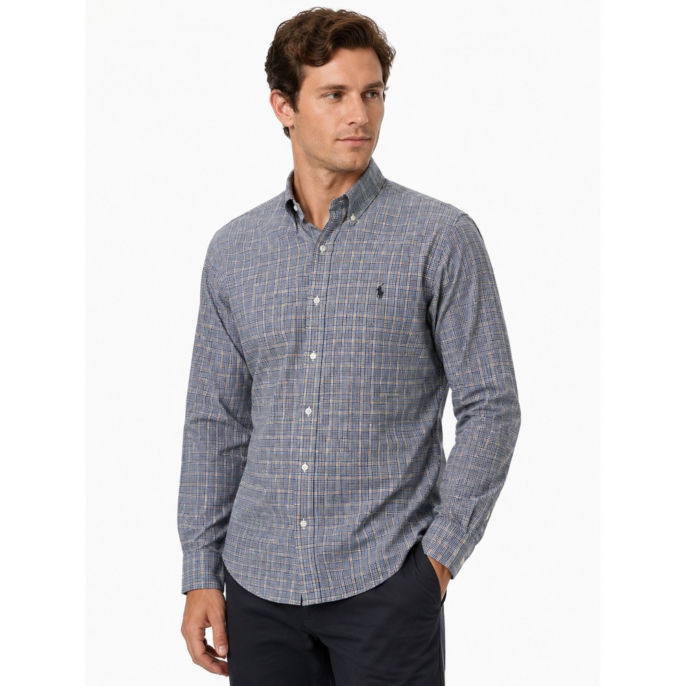 Polo Ralph Lauren Mens Blue Plaid Button Down Shirt Slim Fit Stretch Oxford L